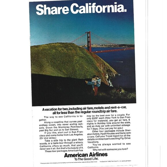 American Airlines California San Francisco Golden Gate ADVERT 1970s Print Ad 9 - Picture 1 of 2